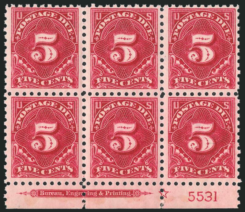 5c Carmine Lake (J55).> Mint N.H. bottom imprint, star and plate no. 5531 block of six, deep rich color, clear impression, Fine-Very Fine