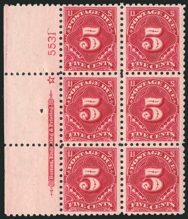 5c Carmine Lake (J55).> Mint N.H. wide left imprint, star and plate no. 5531 block of six, rich color and attractively centered, Very Fine