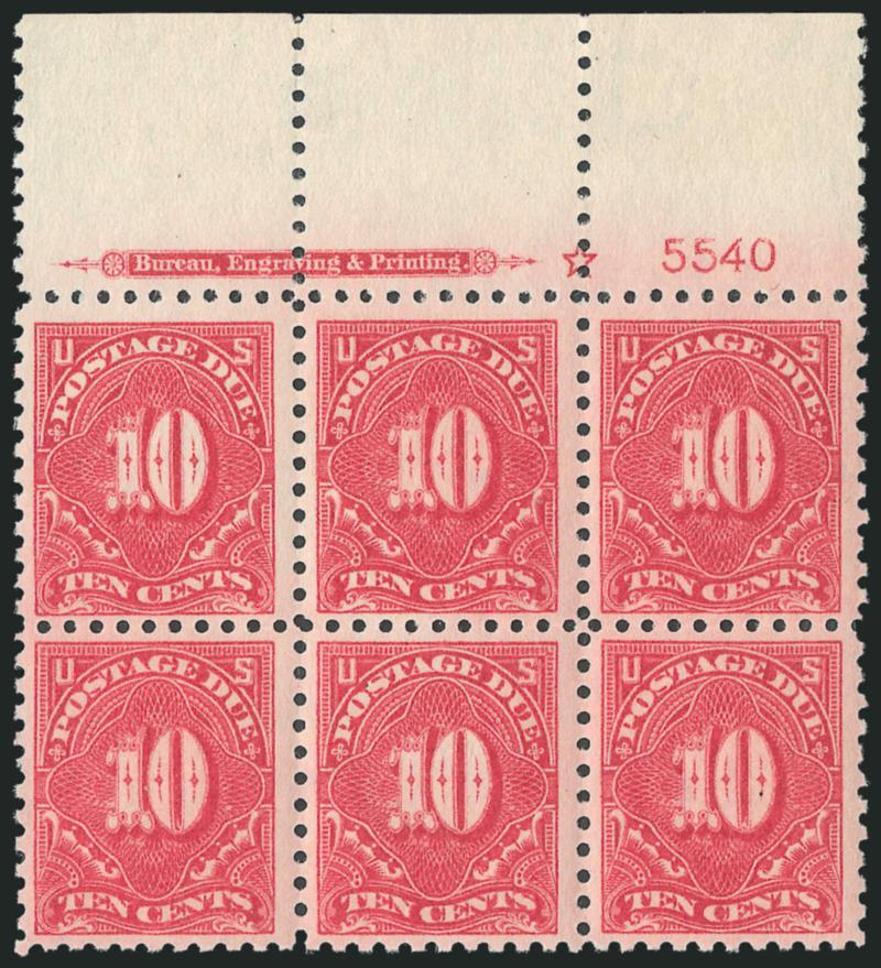10c Dull Rose (J56a).> Wide top imprint, star and plate no. 5540 block of six, very faint hinge mark in selvage, stamps Mint N.H., unusually well-centered, trivial natural short gumming, Very Fine and quite
attractive