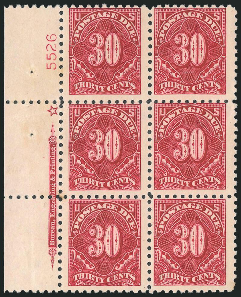 30c Carmine Lake (J57).> Left imprint, star and plate no. 5526 block of six, some light gum toning and natural gum crease, virtually all confined to pos. 3 and selvage to the left, otherwise Fine
