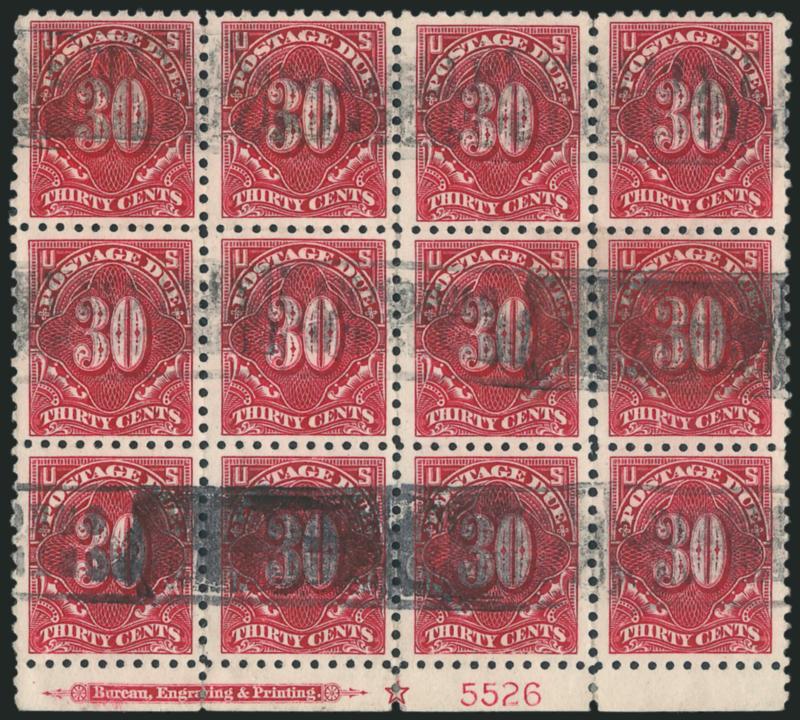 30c Carmine Lake (J57).> Bottom imprint, star and plate no. 5526 block of twelve, 3mm spacing and unusually well-centered, roller cancels, couple small faults, otherwise Very Fine-Extremely Fine, very scarce,
Scott Retail as four used singles and two