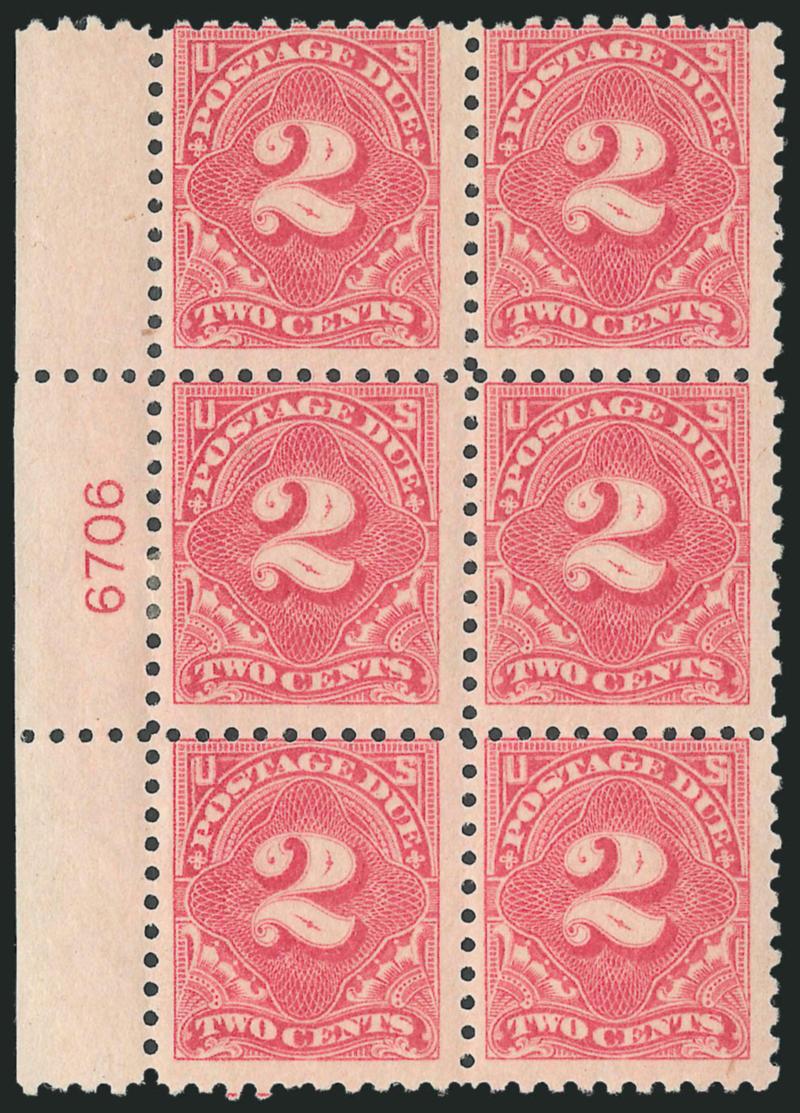 2c Rose (J60).> Left plate no. 6706 block of six, pos. 3 h.r., attractive pastel color, pos. 2 short perf at top, otherwise Fine
