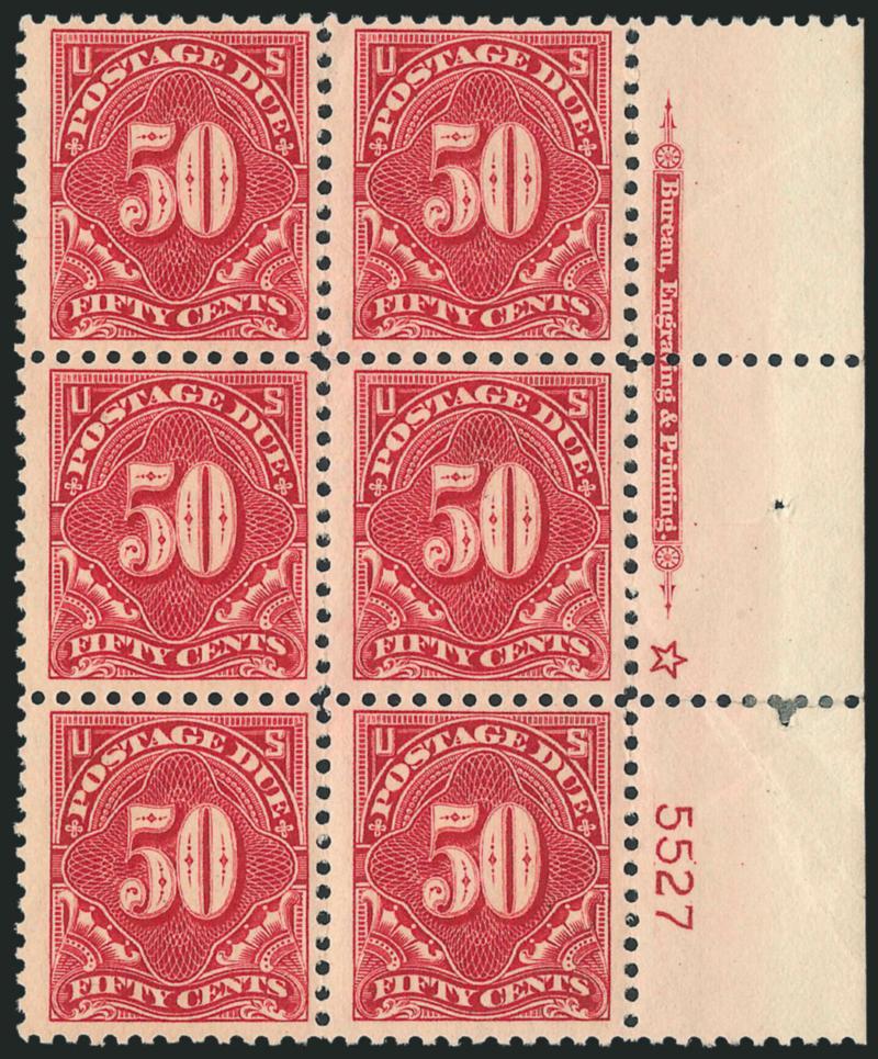 1c-50c Carmine Rose (J61-J67).> Imprint, star and plate no. blocks of six except 2c plate no. only (does not exist with imprint and star), 1c-5c Mint N.H., 10c and 30c lightly hinged, 50c small selvage
reinforcement and trifle heavy gum creases, othe