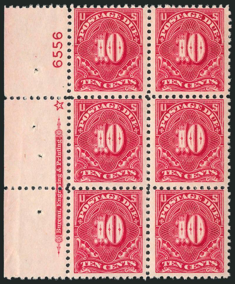 10c Carmine Rose (J65).> Complete matched set of imprint, star and plate no. 6556 blocks of six, one faintly hinged, other three Mint N.H., three different shades, right pos. separations, top with narrow
selvage slightly into plate no., otherwise Fin