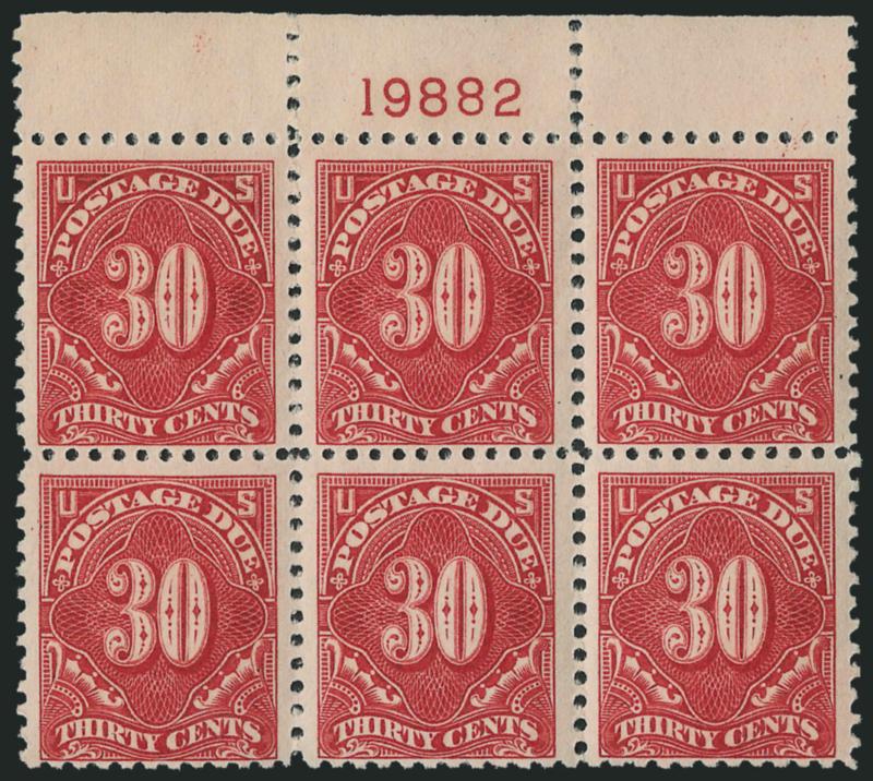 30c Carmine Rose (J66).> Four plate no. blocks of six, different nos. or pos., two Mint N.H., three are top positions (slightly reduced selvage), one with one stamp picked out inclusion, another with gum
creases affecting two and bottom right corner