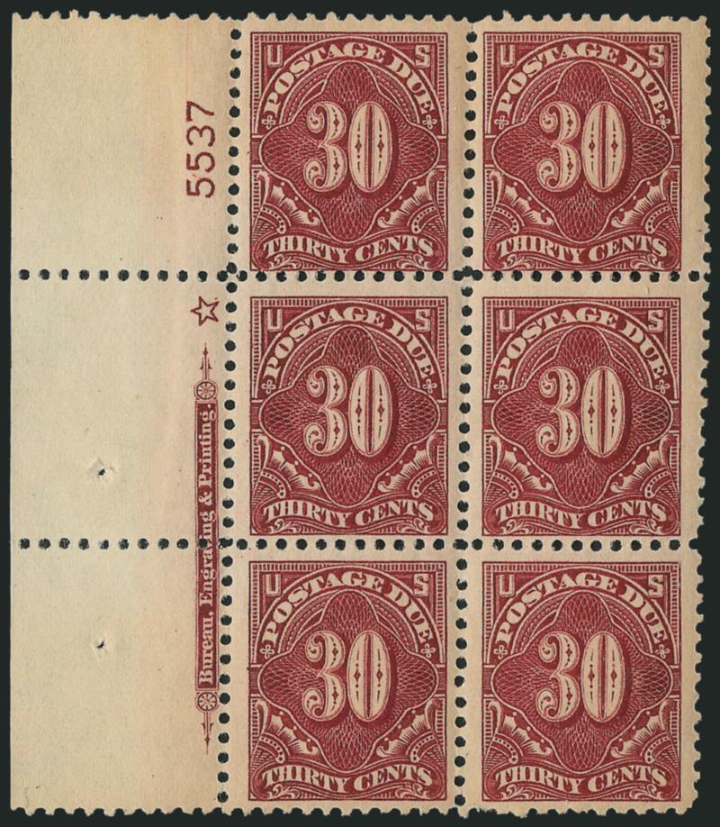 30c Claret Brown (J66a).> Mint N.H. left imprint, star and plate no. block of six, fresh, intense color, Fine and scarce, Scott Retail as six Mint N.H. singles (plate block unlisted in Mint N.H.
condition)