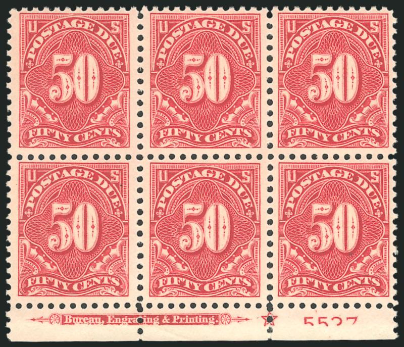 50c Carmine Rose, Postage Due (J67).> Mint N.H. bottom imprint, star and plate no, block of six, brilliant color and crisp impression, choice centering, fresh and Extremely Fine, a beautiful plate block, with
1994 P.F. certificate
