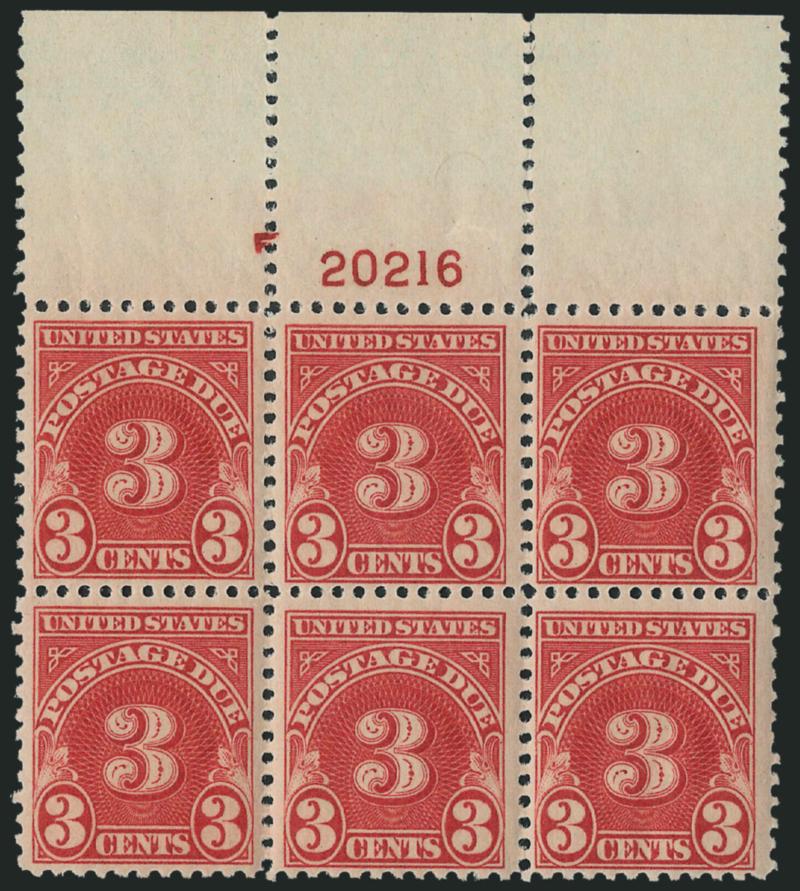 3c Carmine (J72).> Seven plate no. blocks of six, three different nos., tops and bottoms for all plus both tops for no. 20216, three Mint N.H., couple minor separations, Fine-Very Fine