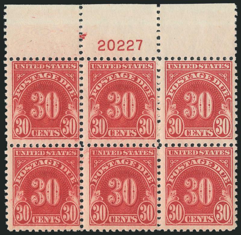 30c Carmine (J75).> Mint N.H. top plate no. F20277 block of six, fresh and Fine