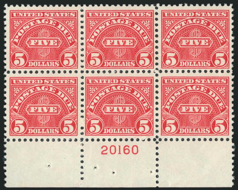 $5.00 Scarlet, Wet Printing (J78b).> Five Mint N.H. plate no. blocks of six, four different nos. plus both top and bottom no. 20160, Fine-Very Fine