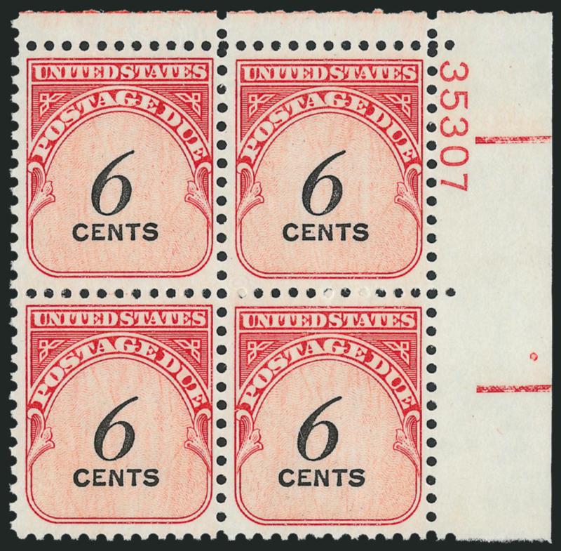 6c Carmine Rose & Black, Dull Gum (J94 var.).> Mint N.H. top right plate no. 35307 block of four, fresh and bright, Very Fine