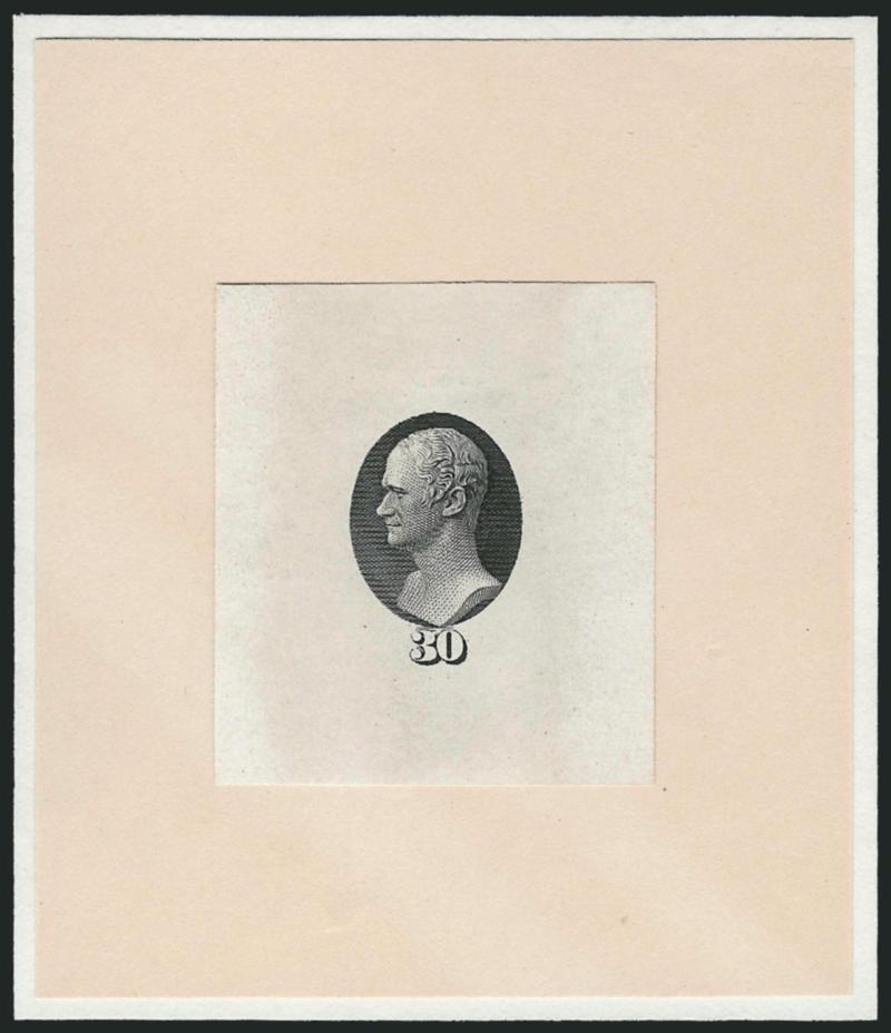 30c Alexander Hamilton, Large Die Essay on Glazed Paper (O9-E1).> 40 x 45mm, hinged on 73 x 86mm paper (probably not contemporary), Very Fine, scarce