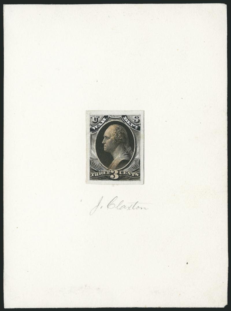 3c War, Model Essay on Yellowish Card (O85-E1).> Stamp size, with engraved vignette, numeral and value tablet and wash drawing of frame as adopted for the set, mounted on 88 x 119mm card with pencil <<J.
Claxton>> on card, some central toning<><>