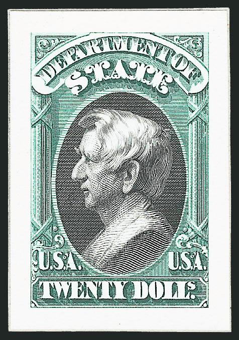 1c-$20.00 State, Small Die Proofs (O57P2-O71P2).> Complete set on small gray cards from a Roosevelt book, fresh and bright, Extremely Fine, only 85 sets issued