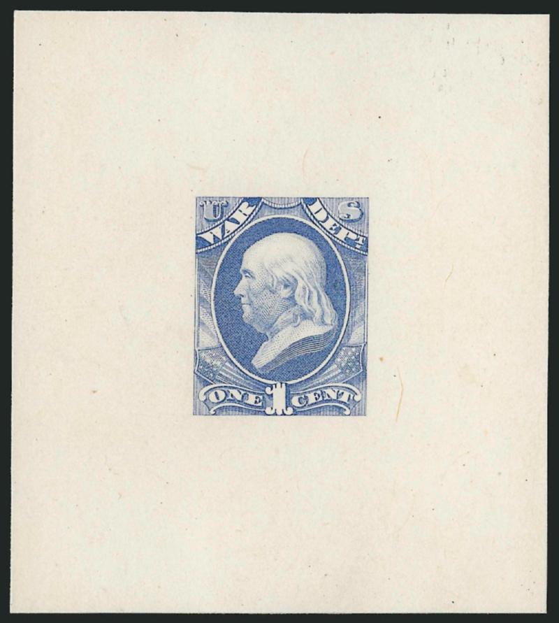 1c-3c War, Large Die Trial Color Proofs on India (O83TC1-O85TC1).> Light ultramarine, deep brown and deep green respectively, first cut down to 61 x 68mm (about full die size and on original card), other two
die sunk on 95 x 108mm cards, fresh and br