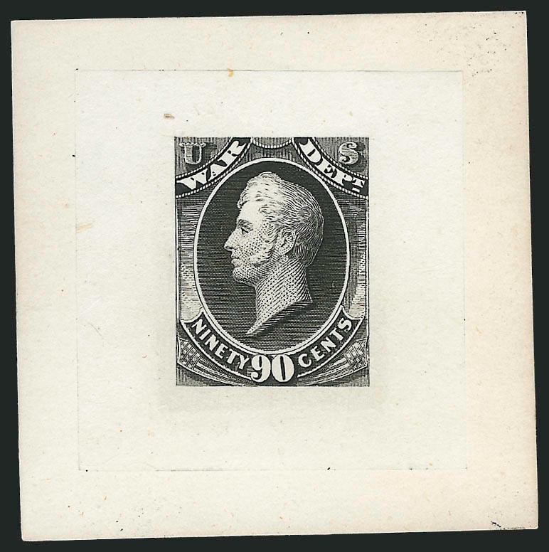 1c-90c War, Goodall Trial Color Small Die Proofs on India (O83TC-O85TC, O87TC-O91TC, O93TC).> Complete set in Black less 6c and 30c values, 1c cut smaller otherwise full dies on card, Very Fine