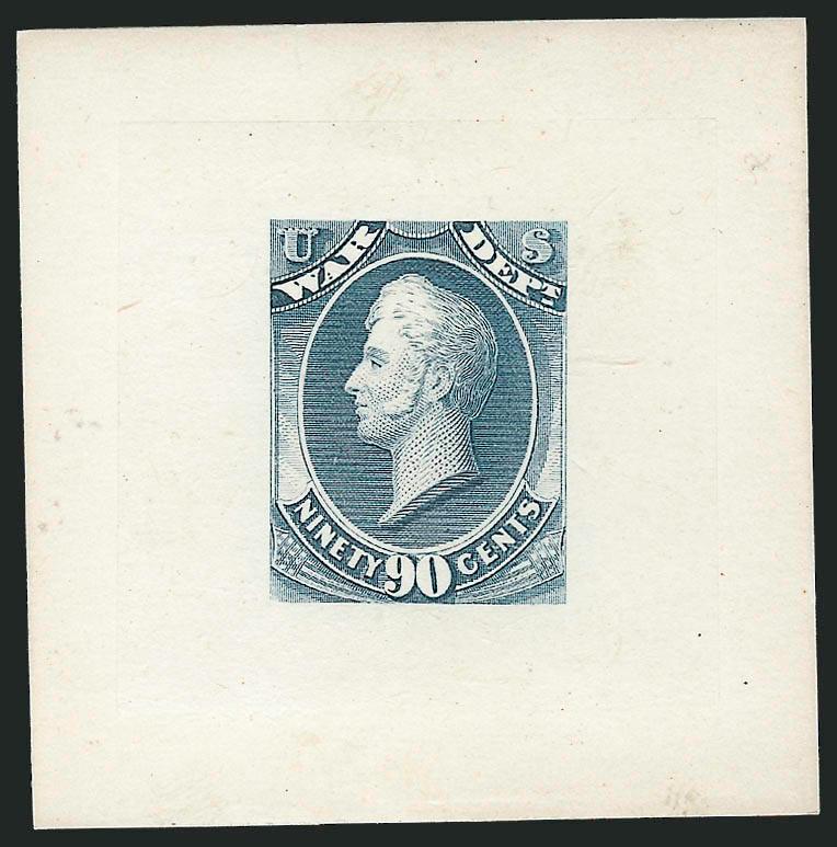 1c-90c War, Goodall Trial Color Small Die Proofs on India (O83TC-O85TC, O87TC-O91TC, O93TC).> Complete set in Dull Gray Blue less 12c and 30c values, 1c cut smaller otherwise full dies on card, Very Fine
(includes the card for the 12c but no proof)