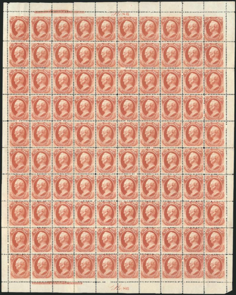 24c War (O91).> Complete sheet of 100 with top and bottom imprint and plate no. 86 blocks of ten, unused (no gum), fresh color, considerable hinge reinforcement, perfs touch to slightly in on some, most are
Fine-Very Fine, rare sheet