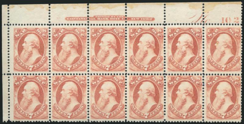 7c War (O87).> Top left corner imprint and plate no. 102 block of twelve, original gum, ten stamps Mint N.H., pos. 7 and 12 lightly hinged, latter with a trace of blue ink on gum, minor selvage separation,
Fine and rare plate block