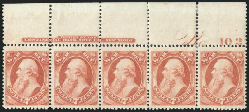 7c War (O87).> Top imprint and plate no. 102 strip of five, original gum, right pair hinged, other three appear Mint N.H. and may very well be, fresh, Fine-Very Fine, Scott Retail as five hinged singles