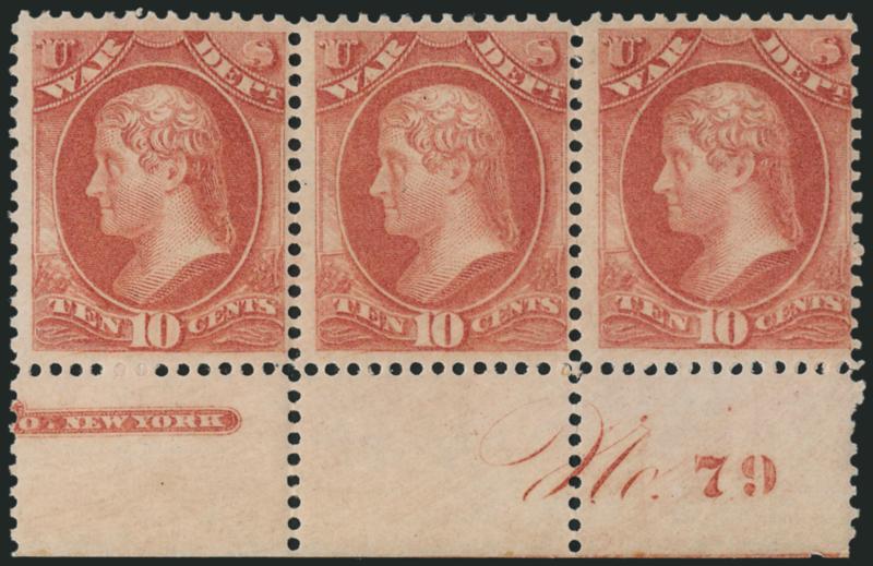 10c War (O88).> Top and bottom plate no. 79 strips of three, latter also with part imprint, original gum, all four end stamps Mint N.H., fresh and Fine