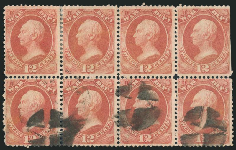 12c War (O89).> Used horizontal block of eight, bottom four with quartered cork cancels, top four uncancelled except for trace at bottom of pos. 2, rich color, some hinge reinforcement, pos. 4 right perfs
trimmed, couple others small faults, otherwis