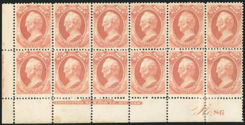 24c War (O91).> Bottom left corner imprint and plate no. 86 block of twelve, original gum, few h.r., bright color, attractive centering, Very Fine, ex Wampler