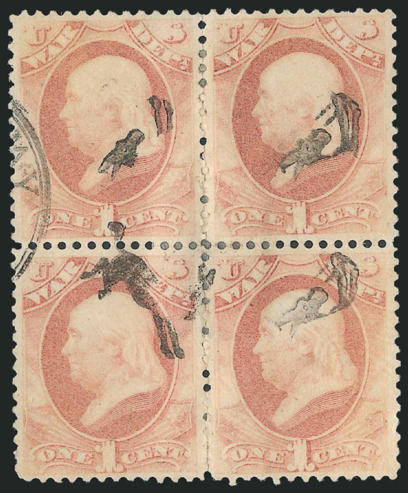 1c War, Soft Paper (O114).> Block of four, h.r., left pair with edge of Neah Bay Wash. double-circle datestamp and each stamp with tipped in <Kicking Mule> cancel, each a partial strike due to the Neah Bay
postmaster having to hold the duplex can
