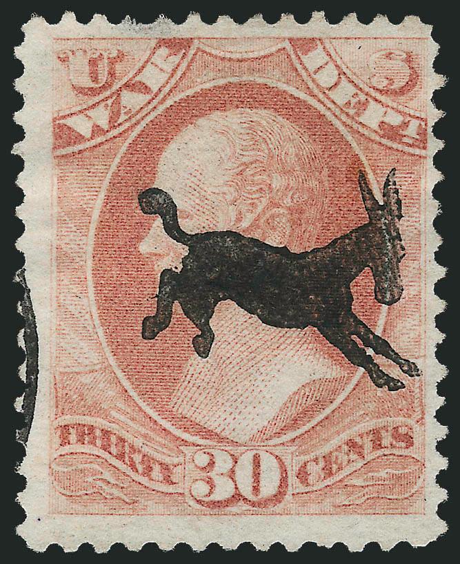 1c-90c War (O83-O93).> Each with <Kicking Mule fancy cancel,> complete strikes except 90c somewhat light, this value, along with 24c additional ms. cancel, couple minor flaws<><>^FNE-VERY FINE APPEARANCE. THE
7-CENT AND 90-CENT WAR DEPARTMENT VALUE