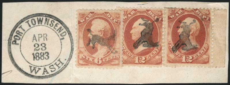 6c, 12c War, Soft Paper (O117, O119).> Single of former, two singles of latter, on piece with full strike of Port Townsend, Wash. Apr. 23, 1883 double-circle datestamp, each stamp with <Kicking Mule fancy
cancel,> the center and right Mules are sta