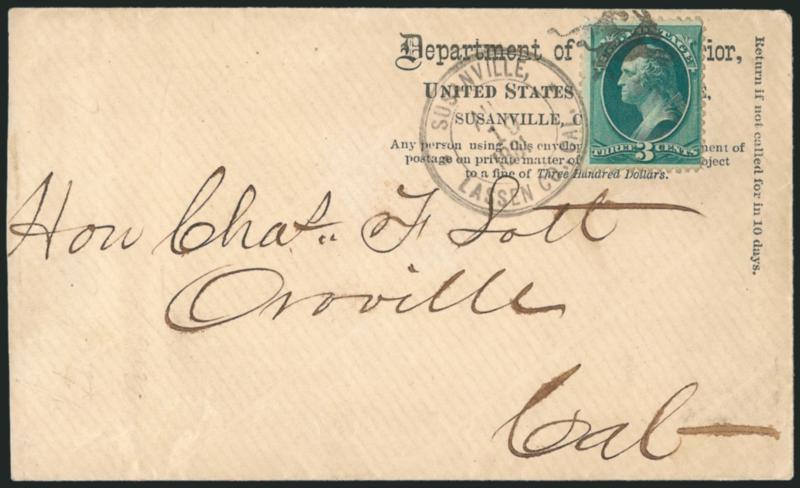 Kicking Mule Fancy Cancels on Official Penalty Envelopes.> Five examples, incl. 3c Banknote affixed over Dept. of Interior penalty imprint, tied by two strikes of the mule and Susanville, Lassen Co. Cal. Aug.
19, 1881 circular datestamp, yellow Pos