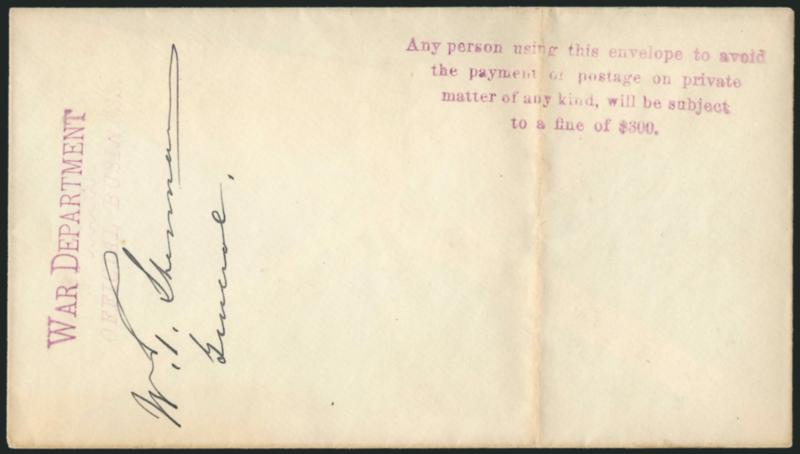 William Tecumseh Sherman.> Signed <<W.T. ShermanGeneral.>> on neat unaddressed cover with War DepartmentOfficial Business and penalty handstamps, file fold thru the penalty notice does not affect the frank
which is Very Fine and choice, one of