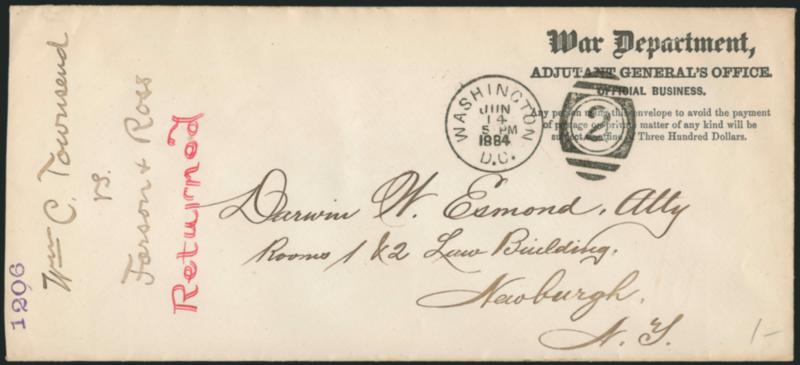 War Department, Adjutant Generals Office. Official Business.> Imprint on legal-size cover to Newburgh N.Y. with penalty clause below, perfect strike of Washington D.C. Jun. 14 1884 5 PM duplex cancel, ms. <<Wm
Townsend vs. Forson & Ross>> and re