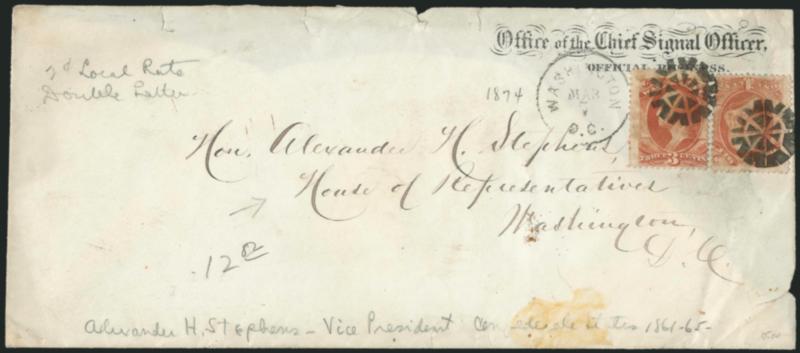 1c, 3c War (O83, O85).> Tied by bold circle of Vs with Washington D.C. Mar. 7 (1874) duplex cancel on large-size Office of the Chief Signal Officer, Official Business imprint cover to Congressman Alexander
Stephens in Washington, cover with faul