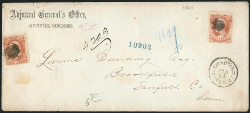 6c, 10c War (O83, O88).> Both cancelled by and 10c tied by indistinct cork, Washington D.C. Reg. Std. Jun. 14 (1877) circular datestamp on large-size <registered> Adjutant Generals Office, Official Business
imprint cover to Brookfield Conn., 10