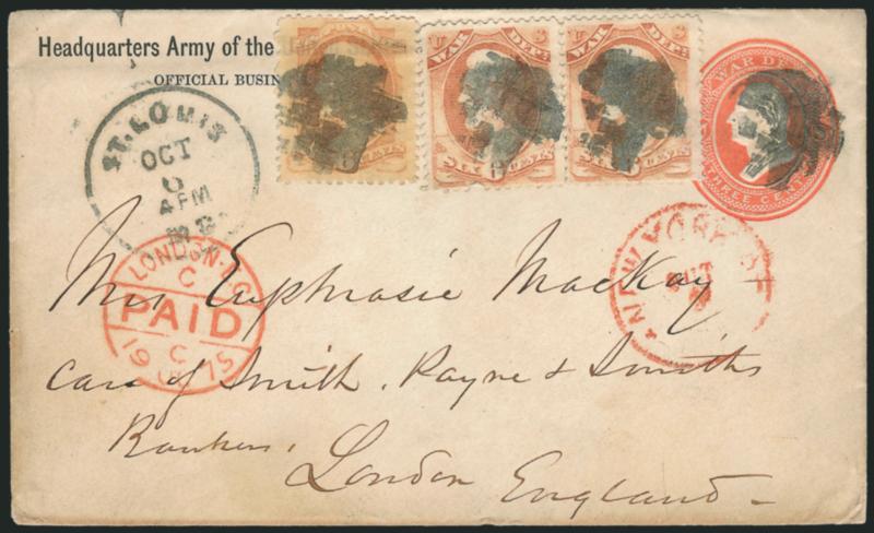 6c War (O86).> Horizontal pair, used with <regular issue 6c Dull Pink (159),> cancelled by corks, St. Louis Mo. Oct. 6 (1875) circular datestamp on 3c War Department entire (UO34) <addressed to London,
England, in the hand of General William Tecums