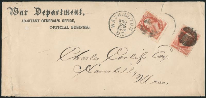 2c, 7c War (O84, O87).> 7c wide margins, both stamps tied by Washington D.C. Aug. 26 5 PM duplex datestamp and cork cancel on large-size War Department imprint cover to Haverhill Mass., few small cover tears
and piece of top flap missing, Fine appe