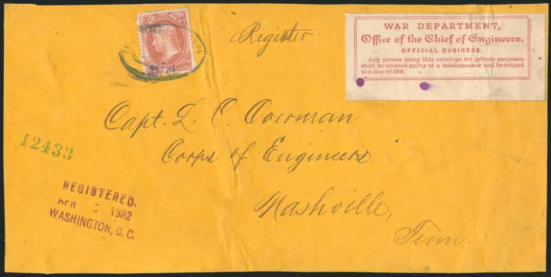 10c War (O88).> Nicely balanced margins and rich color, tied by Washington D.C. double-oval handstamp, ms. <<Register>> at top and three-line RegisteredApr. 5 1882Washington, D.C. handstamp on large yellow
cover front only to Nashville Tenn.,