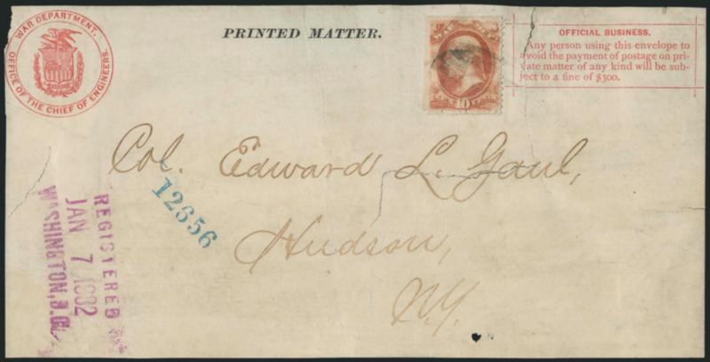 10c War (O88).> Scissors-trimmed perfs, tied by lightly struck oval cancel on large registered front only to Hudson N.Y. with red and black imprints of War Department, Office of the Chief of Engineers, Printed
Matter and penalty clause, purple R