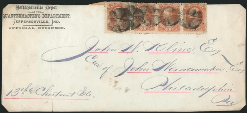 30c War (O92).> Two horizontal pairs, a few minor perf flaws along top, tied between perfs by circle of wedges cancel on cover-size package label with <Jefferson Depot of the Quartermasters Department,
Jeffersonville, Ind., Official Business impri