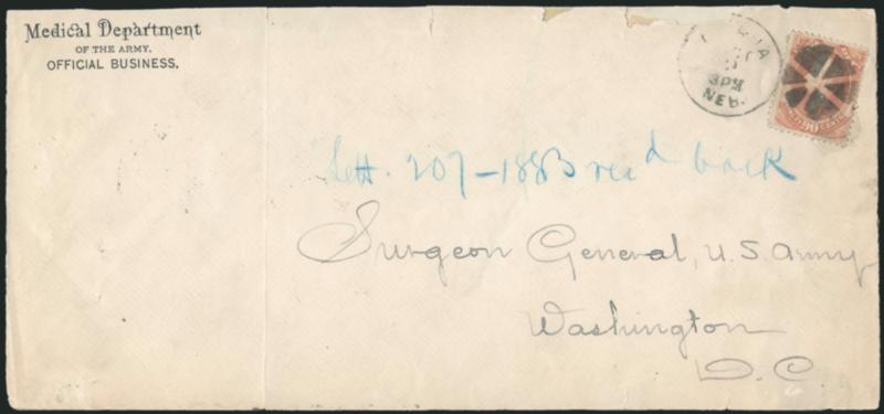 90c War (O93).> Cancelled by circle of wedges and tied by partly readable Omaha Neb. Oct. 2 (1883) circular datestamp on large-size Medical Department of the Army, Official Business imprint cover addressed to
the Surgeon General of the U.S. Army