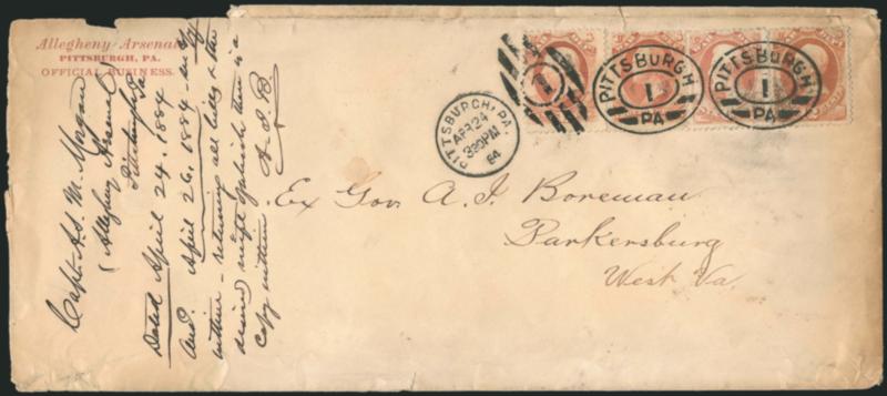 1c, 2c, 6c, 12c War, Soft Paper (O114, O116, O117, O119).> Tied by bold strikes of Pittsburgh Pa. 1 double oval and Pittsburgh, Pa. Apr. 24 330 PM 84 duplex datestamp and grid on Allegheny Arsenal, Pittsburgh
Pa. large-size imprint cover to for