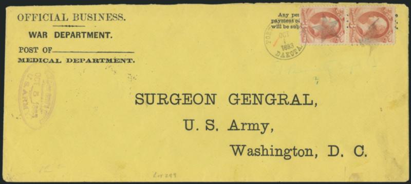 Fort Bennett. Dakota. Oct. 1, 1883.> Duplex double-line datestamp and duplex Star cancel ties vertical pair of 3c War, Soft Paper (O116) on large-size yellow cover with Official BusinessMedical Department
imprint, printed address of the Surgeon Ge