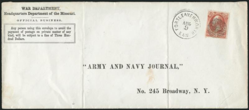 Fort Leavenworth Kan. Aug. 9.> Circular datestamp with circular cork cancelling 3c War (O85) on large-size War Department, Headquarters Department of the Missouri imprint cover with penalty clause, printed
Army and Navy Journal address, couple li