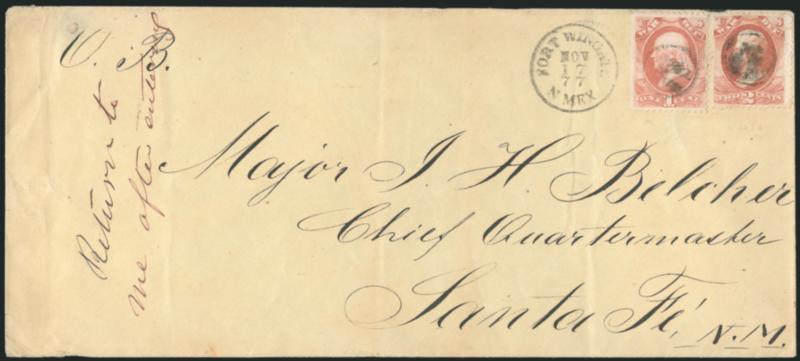 Fort Wingate N. Mex. Nov. 17, 1877.> Well-struck Ty. 2 circular datestamp, matching cork cancels on <1c, 2c War (O83, O84),> used on legal-size cover to Santa Fe N.M., some slight wear incl. 2c stamp faulty at
right, Very Fine and attractive