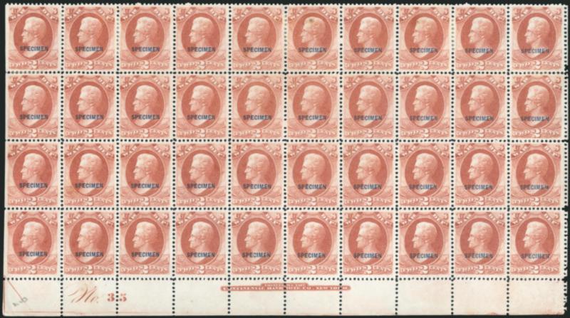 2c War, Specimen Ovpt. (O84S).> Block of 40 with bottom imprint and plate no. 35 selvage, natural s.e. with part arrow at left, without gum as issued, bright color, choice centering, few perf separations
sensibly reinforced, one stamp at top natural