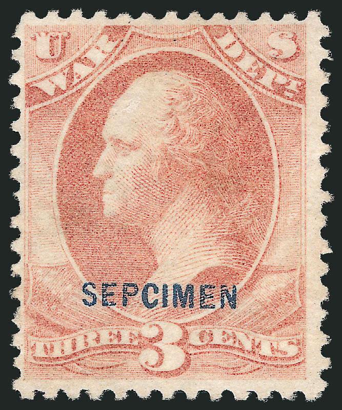 3c War, Sepcimen Error (O85Sa).> Without gum as issued, soft pastel color on fresh paper, centered a bit left but perfs clear, completely sound<><>^FINE. AN EXTREMELY RARE EXAMPLE OF THE 3-CENT WAR DEPARTMENT
ISSUE WITH THE SEPCIMEN OVERPRINT E