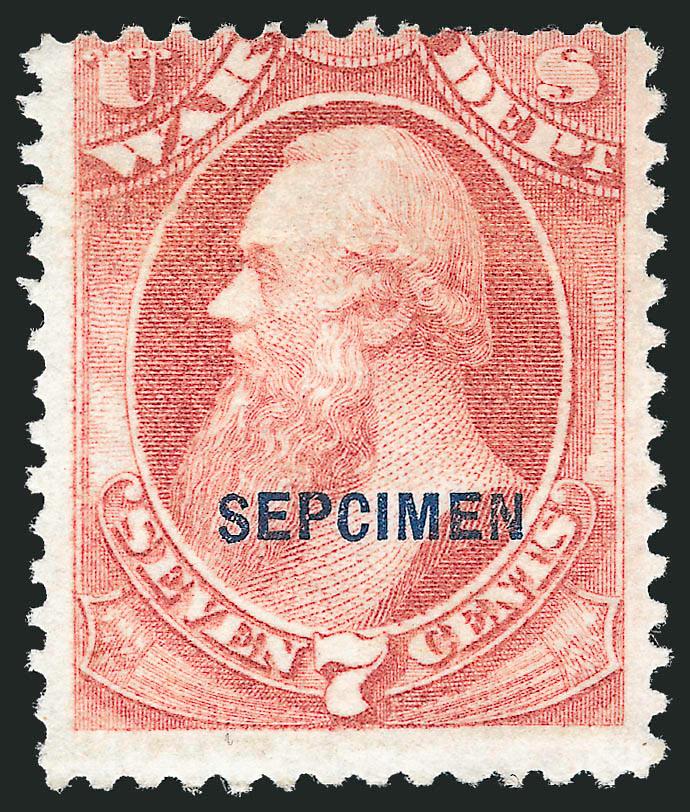7c War, Sepcimen Error (O87Sa).> Without gum as issued, rich color, three wide margins, in at top, light horizontal crease and few ink stained perfs at top<><>^VERY GOOD APPEARING AND RARE EXAMPLE OF THE
7-CENT WAR DEPARTMENT ISSUE WITH THE SEPC