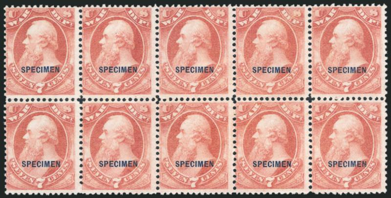 7c War, Specimen Ovpt. (O87S).> Block of ten, without gum as issued, radiant color, fresh and Fine, a scarce multiple, Scott Retail as two blocks of four and two singles