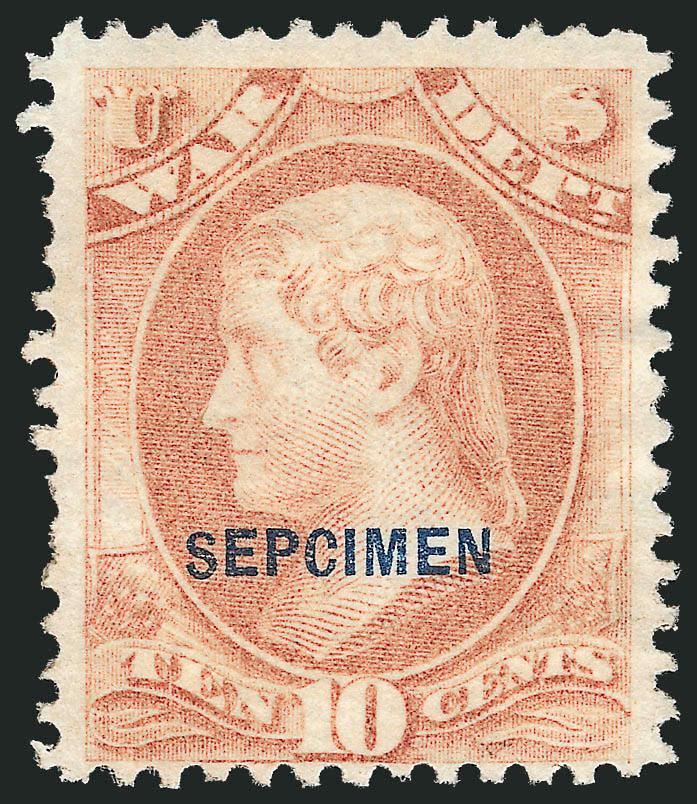 10c War, Sepcimen Error (O88Sa).> Without gum as issued, attractive soft color, wide margins at top and sides, close to barely touching at bottom, slightly shorter perf at left<><>^FINE. AN ATTRACTIVE AND
EXTREMELY RARE EXAMPLE OF THE 10-CENT WAR